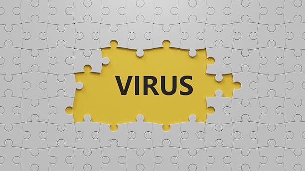 istock Dice form the word  VIRUS .3D rendering on yellow background. 2236516630