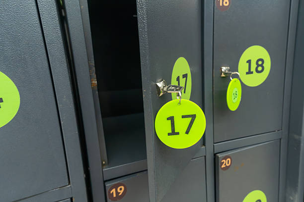 Simple locker storage with numbered keys. Secure bag storage lockers with numbered keys convenient for shoppers keeping their belongings safe while browsing in retail environments.