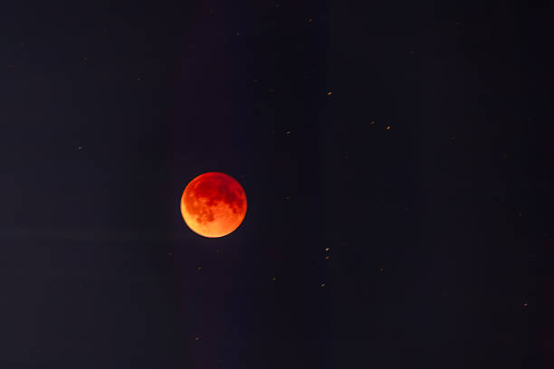 A captivating view of a total lunar eclipse, often referred to as a blood moon, against a stark black night sky. The moon appears reddish-brown due to the Earth's atmosphere refracting sunlight during the eclipse, creating a striking celestial phenomenon.