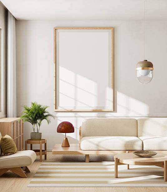 istock Modern minimalist interior living room with neutral decor and mock up poster frame. 3D illustration 2236520482