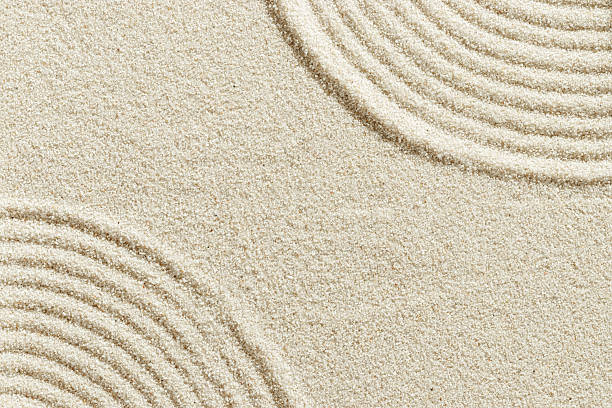 Top view pattern in Japanese Zen Garden with close up concentric circles on sand for meditation and relaxation. Aesthetic minimal sandy background with copy space, beige monochrome neutral colors