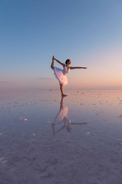 istock Ballerina performing ballet on salt flat reflecting sunset sky 2236532837