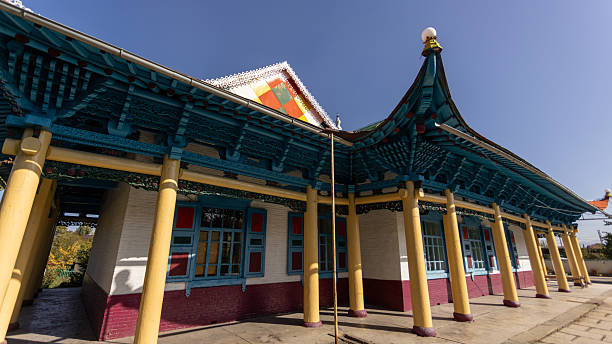 Karakol, Kyrgyzstan October 9 2024: exterior of Dungan Mosque. it is a wooden mosque built by Chinese artisans for the local Dungans between 1907 and 1910