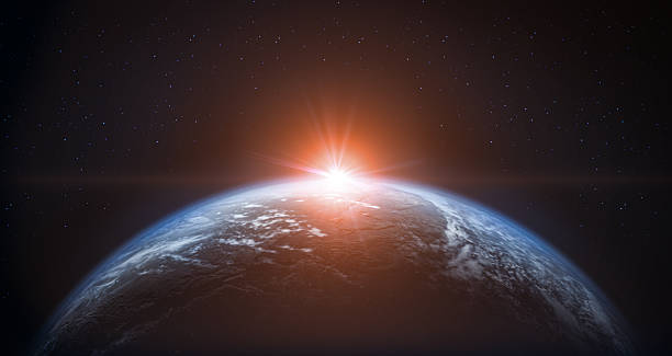 Planet Earth viewed from space with a bright orange sunrise on the horizon. The atmosphere glows with warm light while stars shine in the background. Concept of new beginning, cosmic exploration, technology, sustainability, and global vision. \nMaps from NASA: https://visibleearth.nasa.gov/images/144875/earth-at-night-black-marble-2012-color-maps-v2