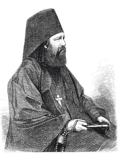 istock Greek Orthodox priest, 19th-century engraving – depicted in traditional clerical attire with high hat, cross, prayer beads, and book, representing the spiritual authority of the Eastern Church 2236542836