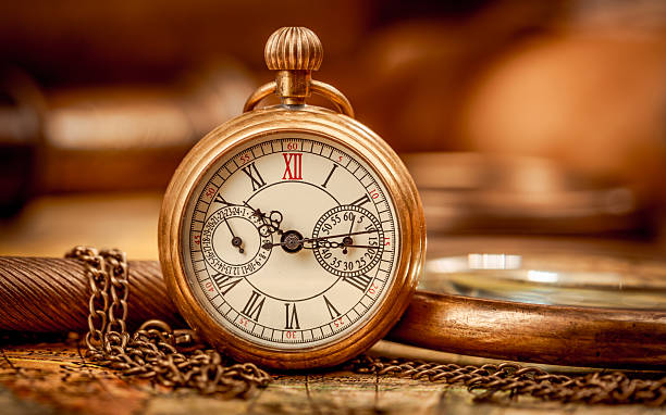 Double exposure of antique pocket watch and architecture, time concept
