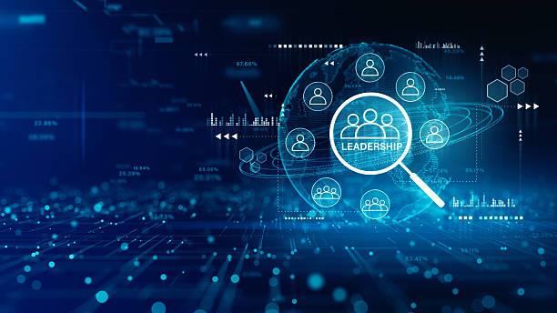 istock Futuristic digital concept showing leadership search and team management with data network, magnifying glass, and global tech background. 3d Rendering 2236550545