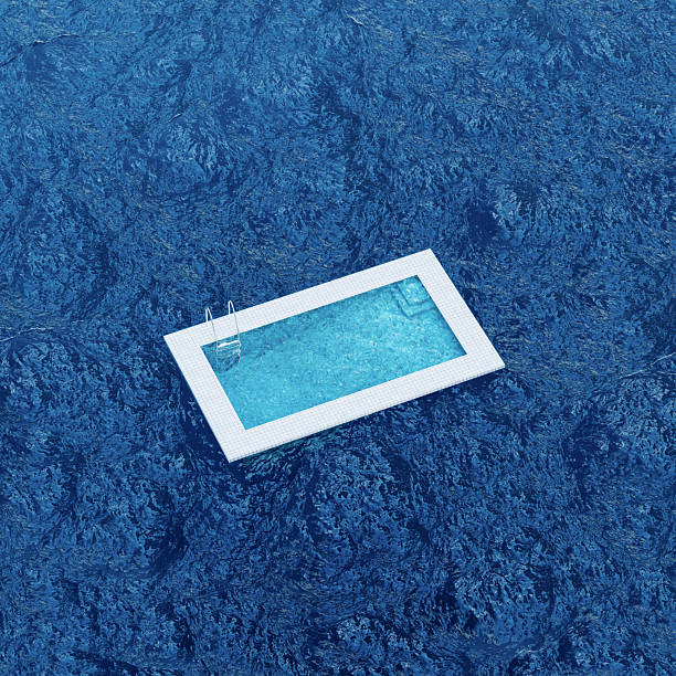 Surreal CGI places a backyard pool as a tiny refuge adrift on an immense sea. The pool reads as human-scale comfort forced into an indifferent natural expanse. Conceptual focus: displacement, false security, escapism, fragile control versus overwhelming environment