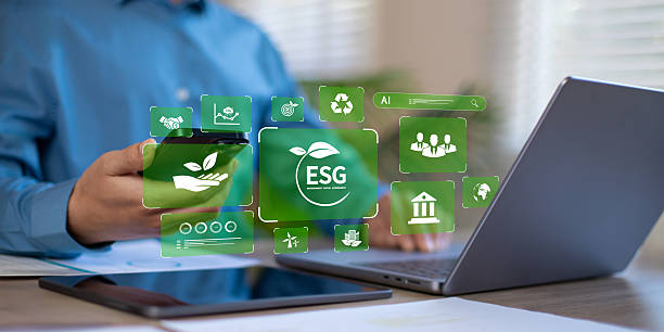 istock Businessman pressing a button on a laptop screen with ESG for environmental, social and governance in sustainable and ethical business practices. 2236556575