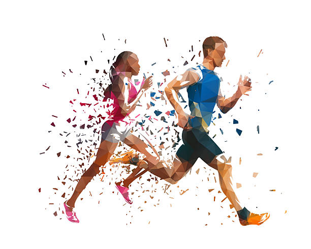 istock Run, running people - man and woman, low poly isolated vector sports illustration, side view. Track and field athletes 2236558389
