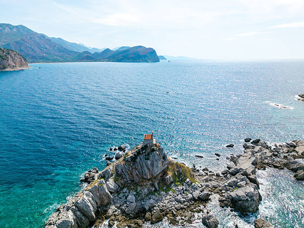 Aerial view of calm bay and hills and islands, Liguria