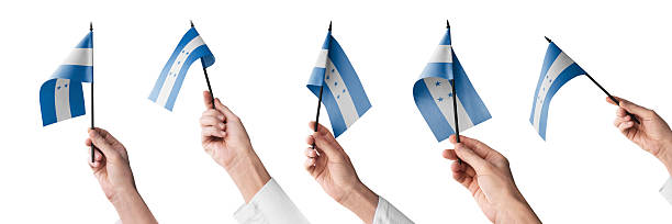 The Honduras flag in hand in different angles on a white background.