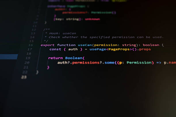 istock Close-up of programming code verifying if a specified permission can be used, showing colorful TypeScript syntax for access control in modern web or app development environments. 2236577717