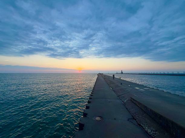 istock Blue sky at dusk over pier on Lake Michigan. 2236580921
