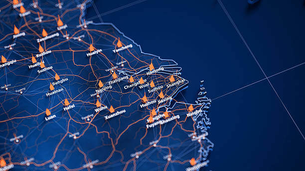 istock Suzhou map big data visualization. Futuristic map infographic of city in China. Visual map data complexity in modern blue and orange colors 2236583168