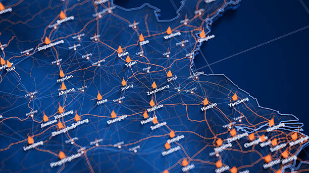 istock Zaozhuang map big data visualization. Futuristic map infographic of city in China. Visual map data complexity in modern blue and orange colors 2236583825