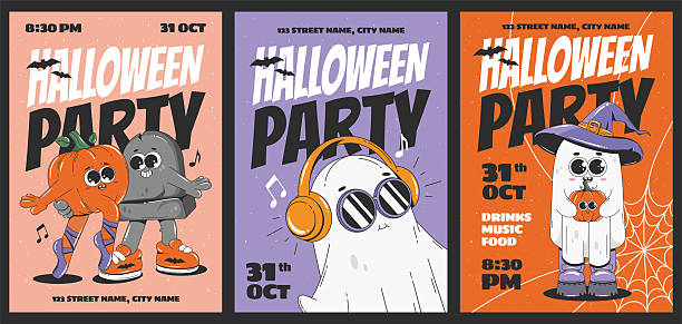 Groovy Halloween Party Invitation Posters With Cartoon Characters. Ghost, Pumpkin, Gravestone. Flyer Template Design.