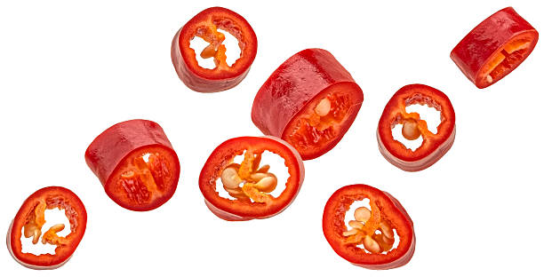 istock Falling red chili pepper slices isolated on white background, full depth of field 2236584384