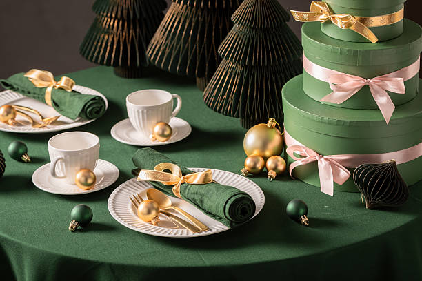 istock Stunning green Christmas table set with Christmas decorations. 2236588938