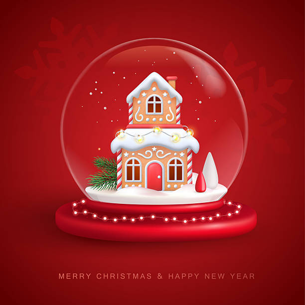 istock Christmas holiay snow globe with 3D gingerbread house and Christmas tree on red background. Vector illustration 2236597668