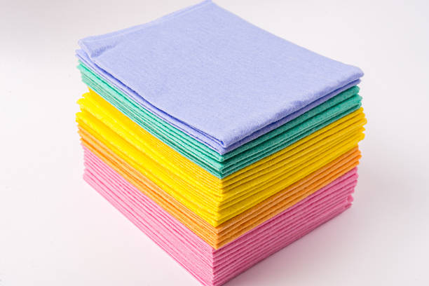 cleaning wipes isolated on Colored microfiber napkins for cleaning a top view on a white background.
