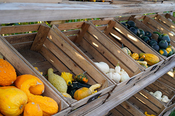 istock Boxes with small pumpkins on the stand, Halloween decorations, harvest 2236614718