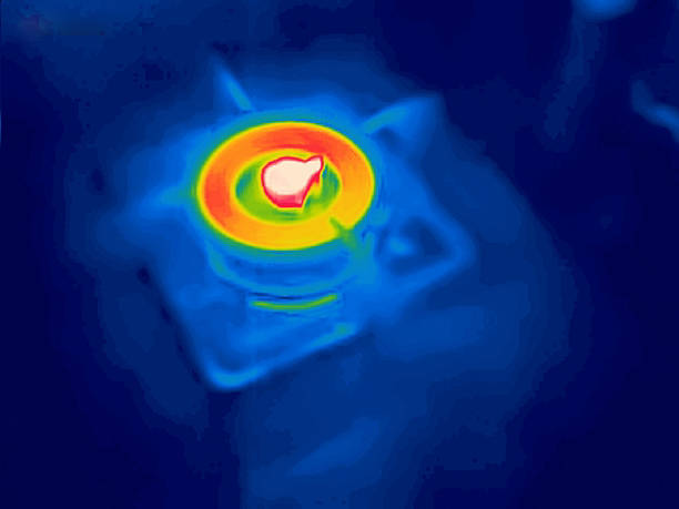 A thermal image captured by an infrared imager visualizes invisible infrared radiation, translating it into a visible color spectrum picture. It displays temperature variations across a surface, where warmer areas typically appear in reds and yellows, and cooler regions in purples and blues. Here is the oven under IR camera
