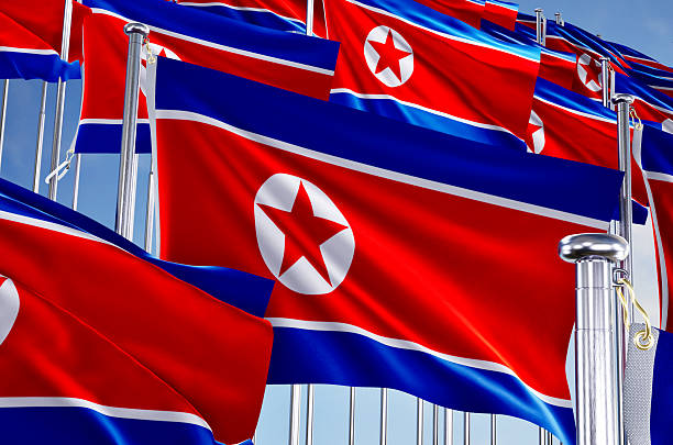 istock north korea many flags in row waving together on blue cloudy sky, 2236631157