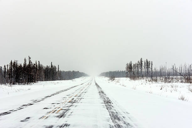The MacKenzie Highway in the Northwest Territories on a snowy day demonstrating diminishing perspective