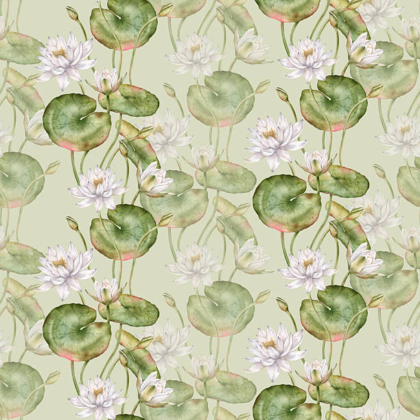 istock Seamless watercolor pattern featuring delicate white water lilies with green leaves. Hand-drawn lotus flowers on an isolated background, perfect for textiles and wrapping paper. 2236639963