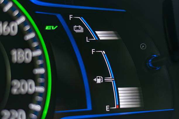 istock Hybrid car dashboard of dual power mode vehicle driving system, eco EV electrical charging battery and fuel engine of innovative automobile technology in transportation industry 2236640096
