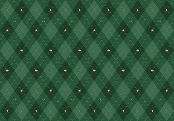 Christmas rhombus seamless pattern. Xmas plaid texture with gold line and stars. Green argyle geometric diamond abstract pattern. Christmas wrapping. Vector illustration isolated on green background.