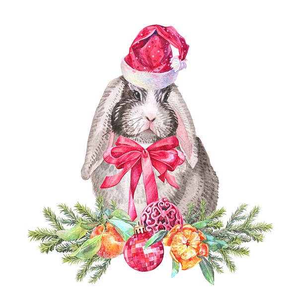 istock Watercolor rabbit in red christmas crinkle hat for santa 2236642001