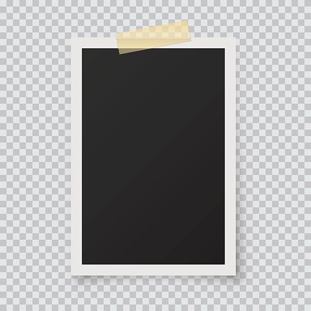 istock Blank retro photo frame with tape. Empty vintage photograph placeholder with white border on transparent background. Template for scrapbook or memory album. Realistic vector illustration 2236642022
