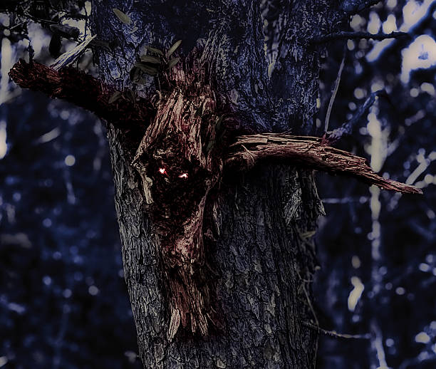 Deep in a tranquil forest, an ancient tree stands as a silent guardian. Its gnarled and textured bark forms a haunting, face-like visage, a testament to time and the enduring power of nature. From within a dark hollow, a pair of intensely glowing, crimson eyes burn brightly, creating a surreal and mystical contrast. This ethereal image, with its otherworldly and enchanting mood, is a metaphor for the hidden magic and spiritual life within the natural world. This striking visual can be used to illustrate concepts of fantasy, mythology, dreams, the paranormal, or mystery. It is a powerful asset for projects related to storytelling, gaming, book covers, film promotion, or any campaign seeking to evoke a sense of awe, wonder, or supernatural intrigue. It falls perfectly within Halloween, Seasonal or spooky concepts. Also can be used as fine art, conceptual art or minimalistic art