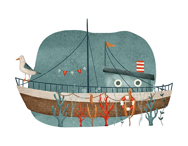 A whimsical depiction of a boat surrounded by marine elements and a seagull, perfect for playful designs. Isolated hand drawn composition on white background.
