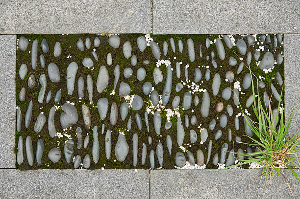 Moss ground with oval grey pebbles, small white stones, and a granite border