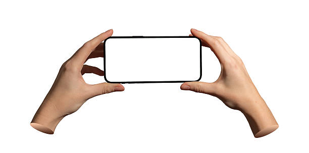 istock Horizontal smartphone mockup in two hands. Clean screen for digital content or promo. Isolated on 2236653552