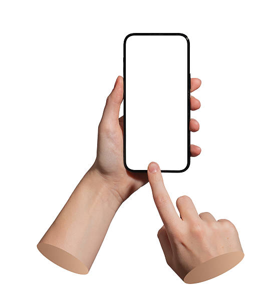istock Mobile device with empty screen in hands. Finger touches touchscreen for action. Mockup for user 2236653555