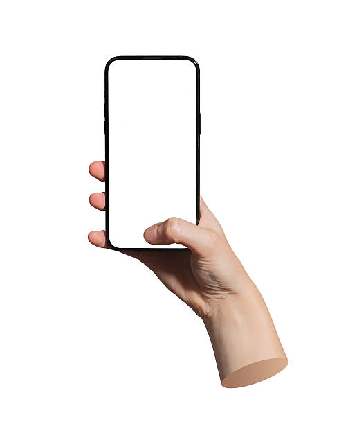 Smartphone display mockup with thumb tapping screen. Gesture simulates photography app use. Isolated