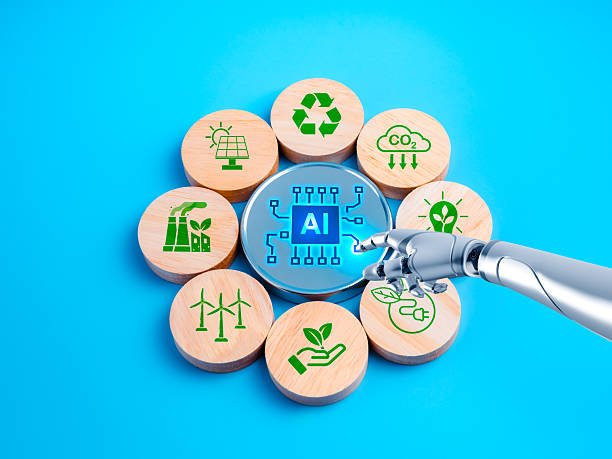 istock Robot hand touching AI icon surrounded by eco-friendly symbols on blue background, representing AI for sustainability, clean energy, carbon reduction, environmental innovation, and green technology. 2236656270