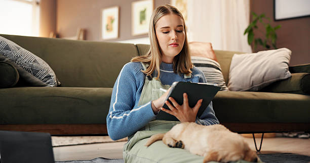 istock Tablet, stylus and woman on sofa in house with art, creativity or project for university assignment. Pen, digital technology and female student with graphic design homework for college in living room 2236660980