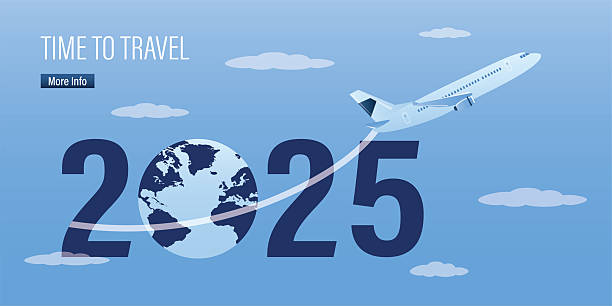 istock Airplane flying around the world in 2025 on blue sky background. Time to travel. Horizontal banner. Vacation, global trip. Printable poster, 2236665341