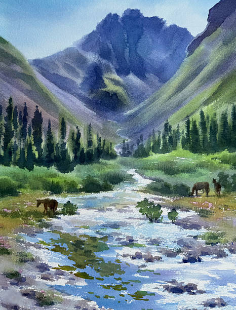 istock Tian Shan mountains valley with a river in summer watercolor background 2236665979