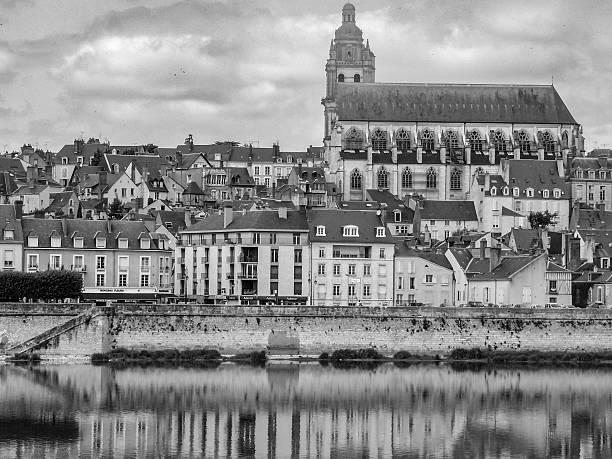 Wide view of Blois town with Saint Louis Cathedral rising above rooftops, Loire Valley, France.