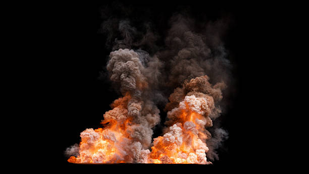 istock Two Isolated powerful explosions with intense flames and significant amount of smoke rising from the base and set on black 2236674480