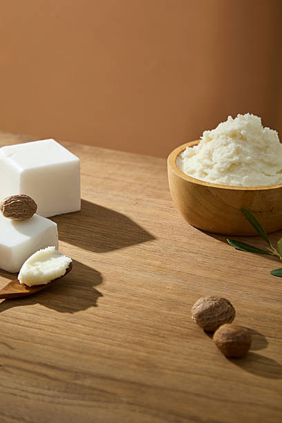 istock Shea butter presented in a wooden bowl with white cubes and shea nuts. Clean and compact beauty theme. Blank space for design, place your product 2236678708