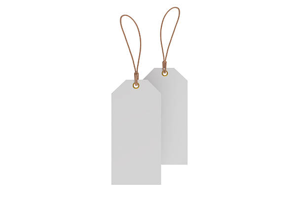 istock 3D mockup of blank rectangle hanging tags with rope strings, metal eyelets, isolated on background. For branding, label design, packaging, fashion, retail, shipping label, wedding tag, gift tag 2236684155