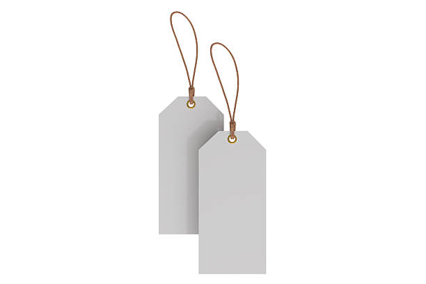 istock 3D mockup of blank rectangle hanging tags with rope strings, metal eyelets, isolated on background. For branding, label design, packaging, fashion, retail, shipping label, wedding tag, gift tag 2236684157
