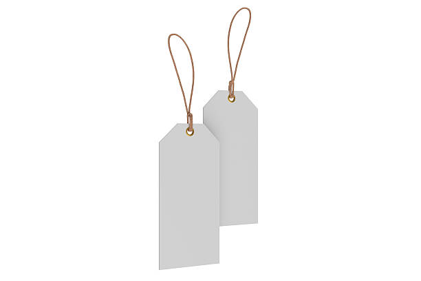 istock 3D mockup of blank rectangle hanging tags with rope strings, metal eyelets, isolated on background. For branding, label design, packaging, fashion, retail, shipping label, wedding tag, gift tag 2236684162